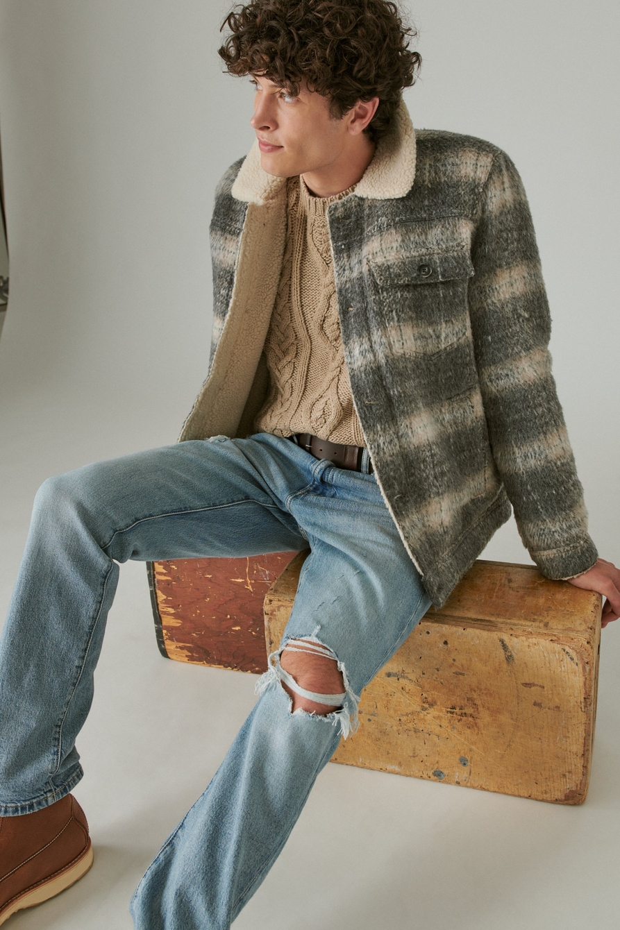 plaid faux shearling lined trucker jacket